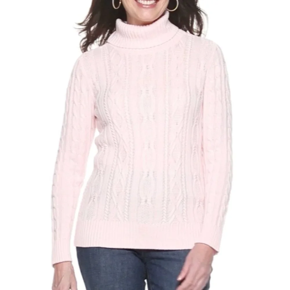 CROFT & BARROW Cable Knit Turtleneck Sweater Light Pink Baby Pink Cotton Blend L - Picture 3 of 16